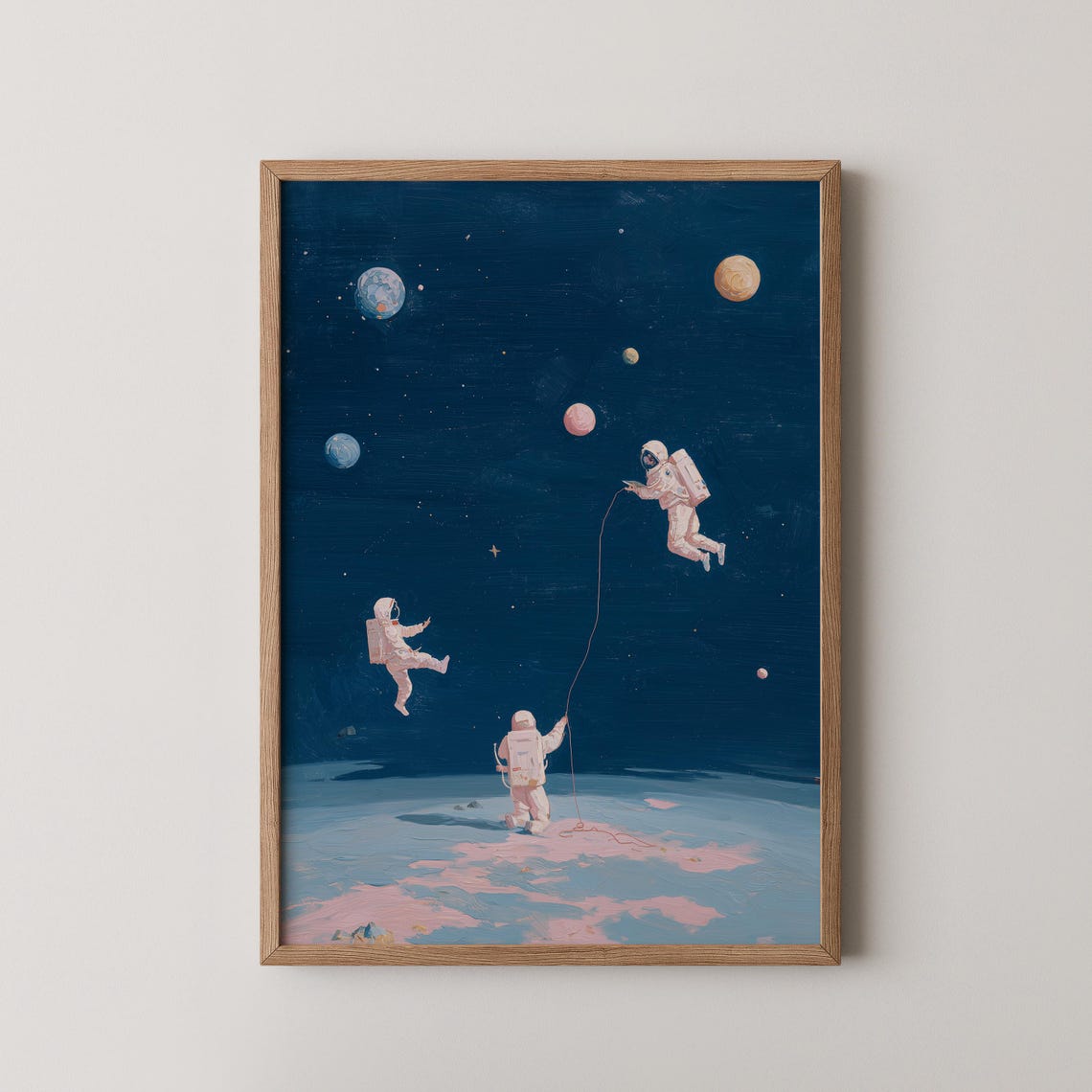 Whimsical Astronauts Floating Among Planets Dreamy Space Art Poster