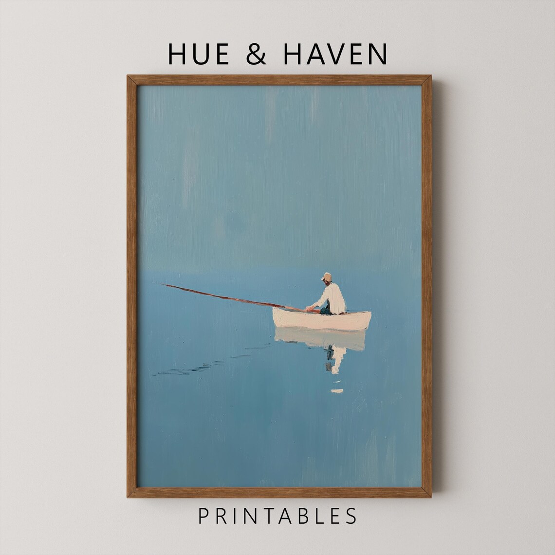 Lone Fisherman Rowing Boat Art Print Calm Lake Minimalist Painting