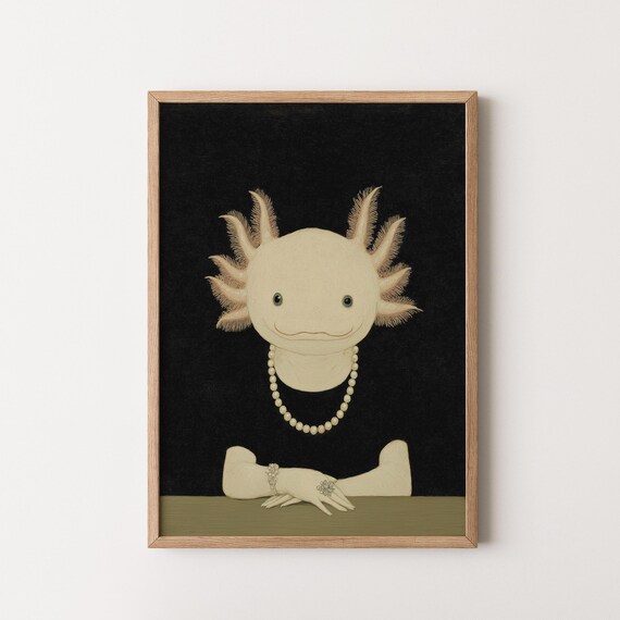 Axolotl In Pearl Necklace Dress Whimsical Folk Animal Portrait Wall Art