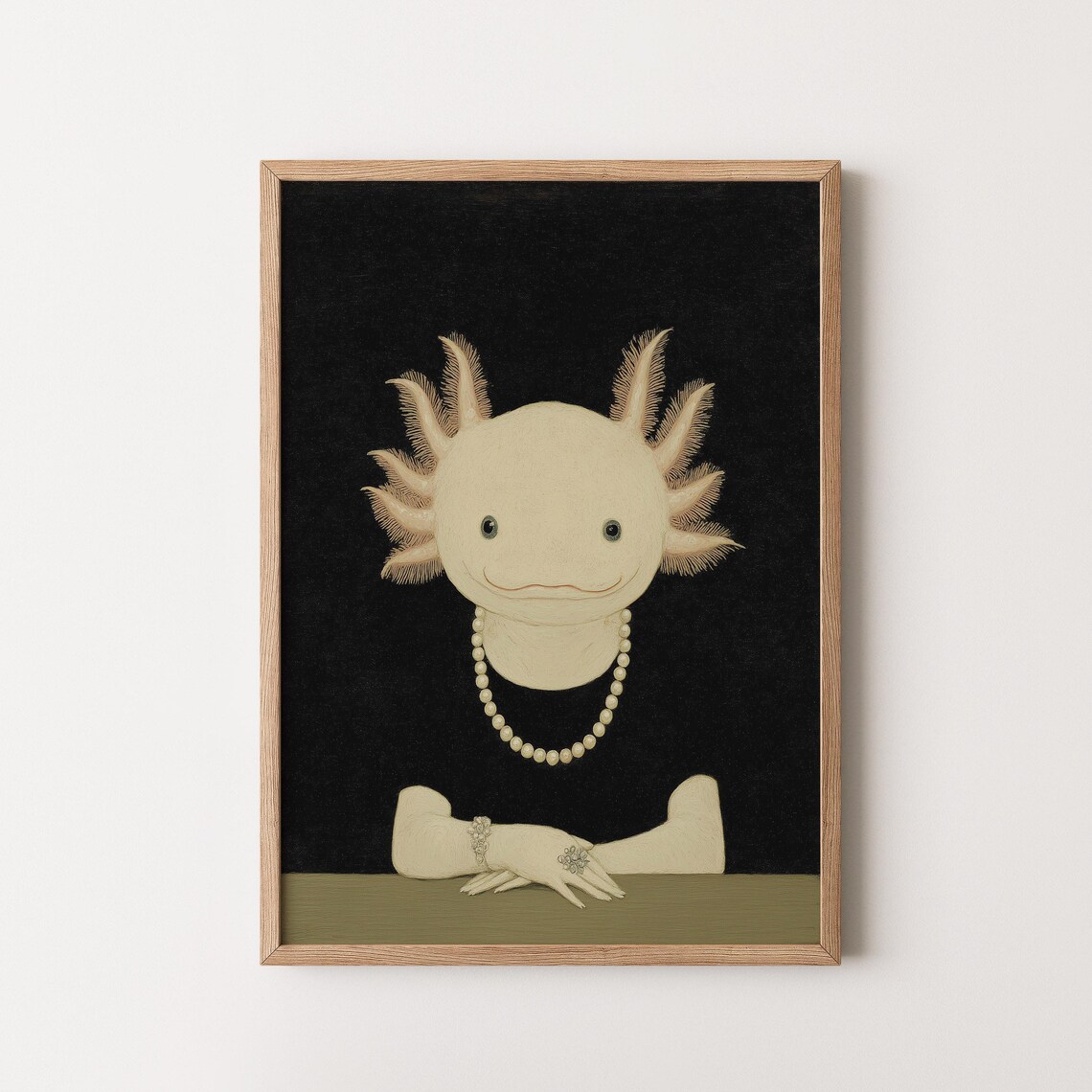 Axolotl In Pearl Necklace Dress Whimsical Folk Animal Portrait Wall Art