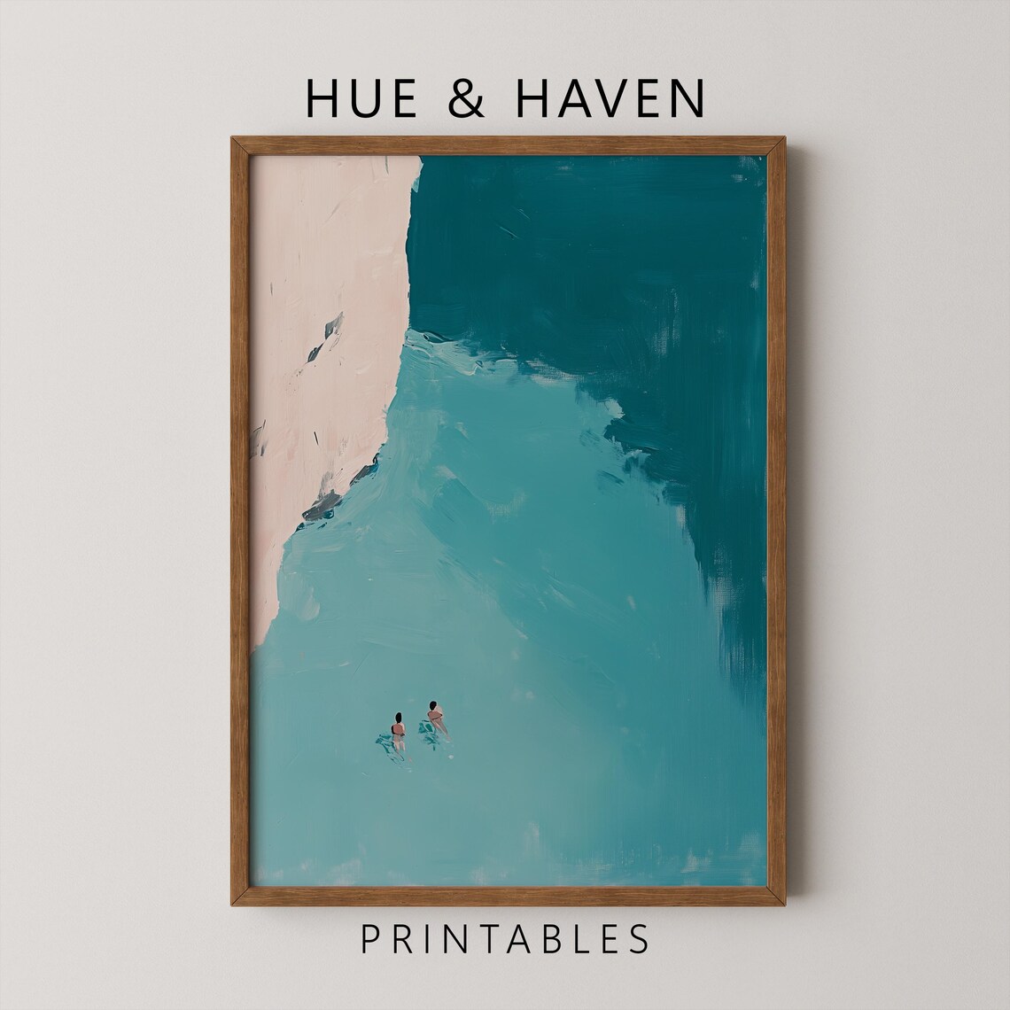 Aerial Ocean Swim Couple Art Print Minimalist Beach Painting