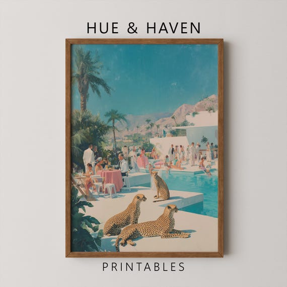 Poolside Cheetah Art Print Palm Springs Poster Retro Old Money Wall Decor