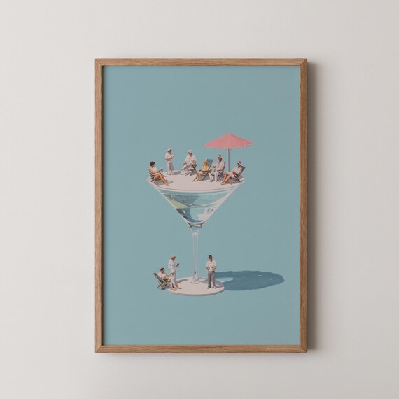 Giant Martini Glass Party Surreal Art Poster Whimsical Cocktail Decor