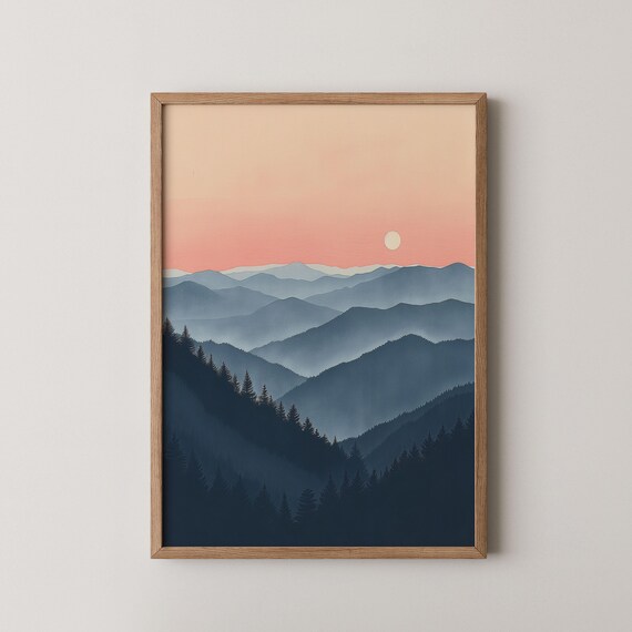 Blue Ridge Mountains Layered Sunset Watercolor Landscape Poster