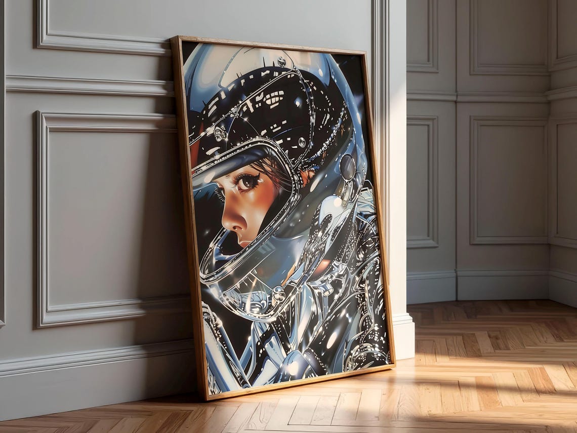 Chrome Helmet Astronaut Woman Retro Futurist Side View Art Poster