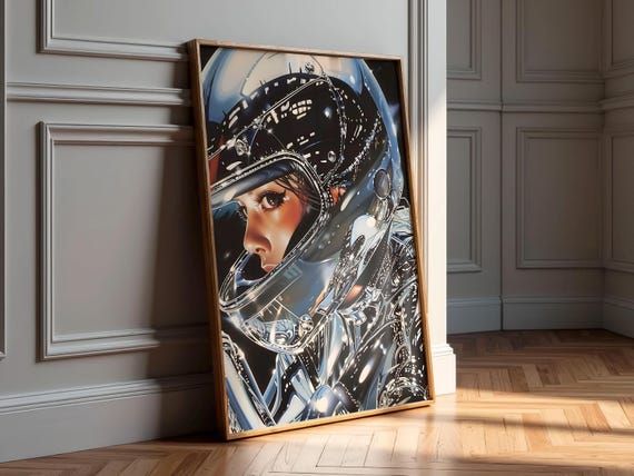 Chrome Helmet Astronaut Woman Retro Futurist Side View Art Poster