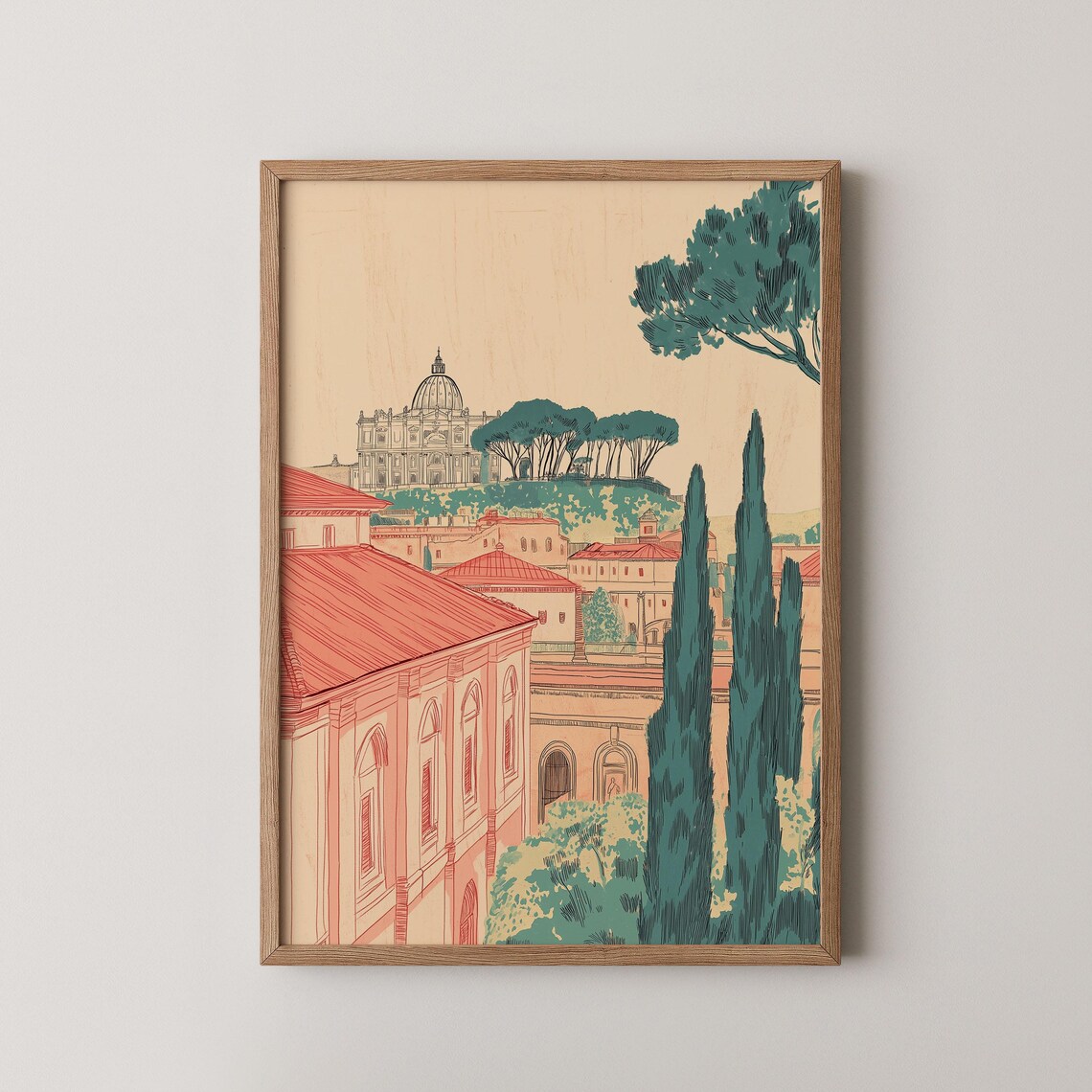 Rome St. Peters Basilica Vintage Italian Cityscape Cypress Art Poster