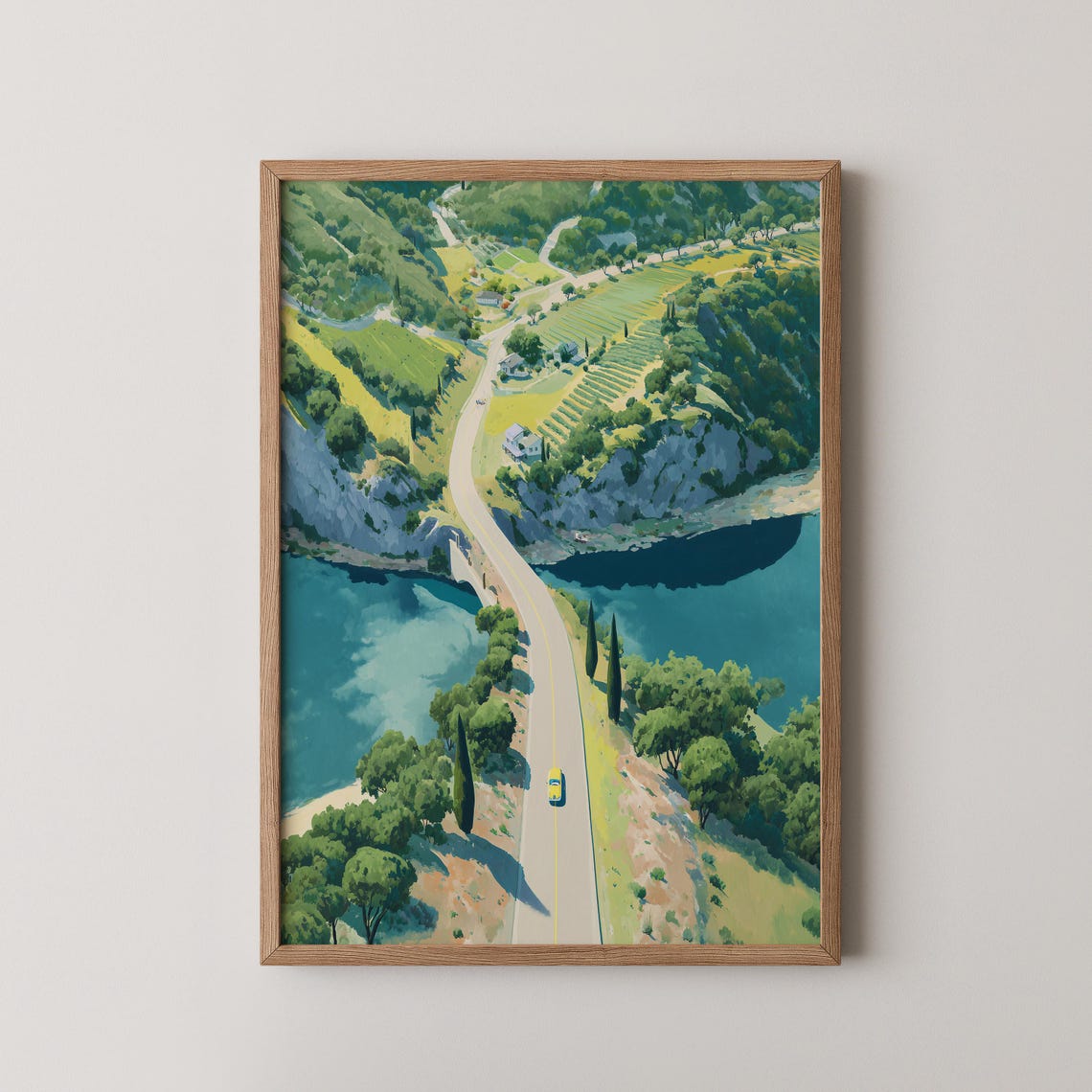 Coastal Road Trip Aerial Art Poster Winding Lake Road Tiny Yellow Car