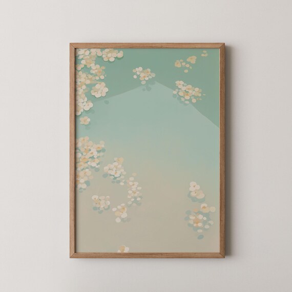 Floating Flower Petals Watercolor Art Print with Cream Blossoms on Sage Water