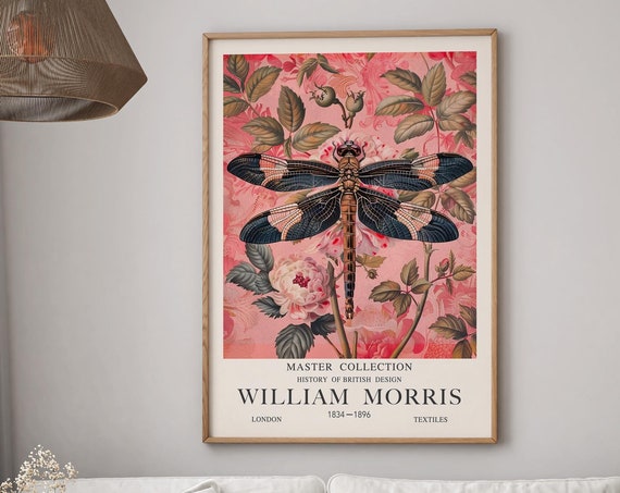 William Morris Dragonfly Print Vibrant Vintage Pink Celestial Art Wall Decor Antique Botanical Design Floral Nature Lover Botanical Artwork