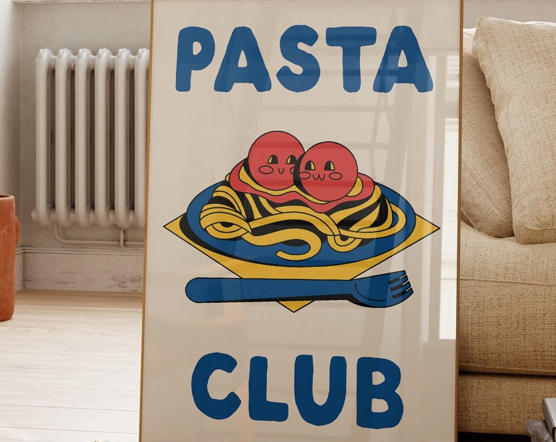 Pasta Club Cute Retro Cartoon Spaghetti Foodie Kitchen Poster - Image 3