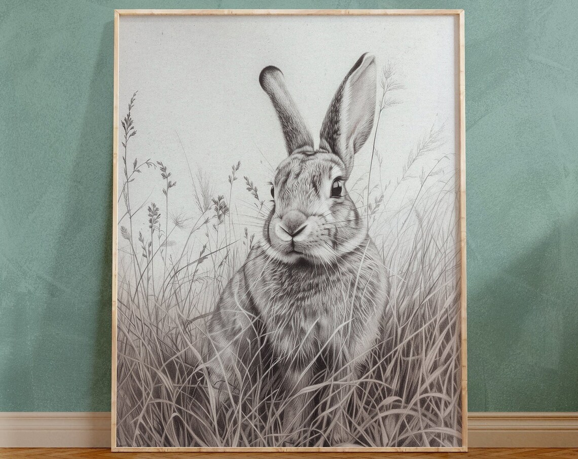 Alert Hare in Tall Grass Detailed Graphite Drawing Art Poster