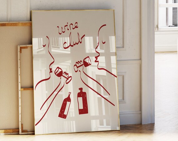 Wine Club Minimalist Red Line Art Toast Profiles Kitchen Poster