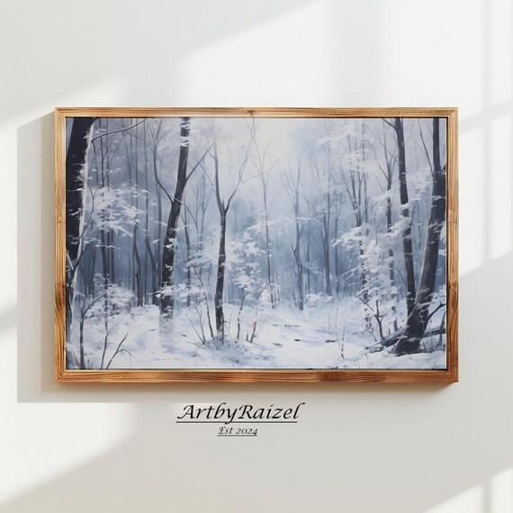 Snowy Birch Forest Misty Blue Winter Woods Painting Art Poster