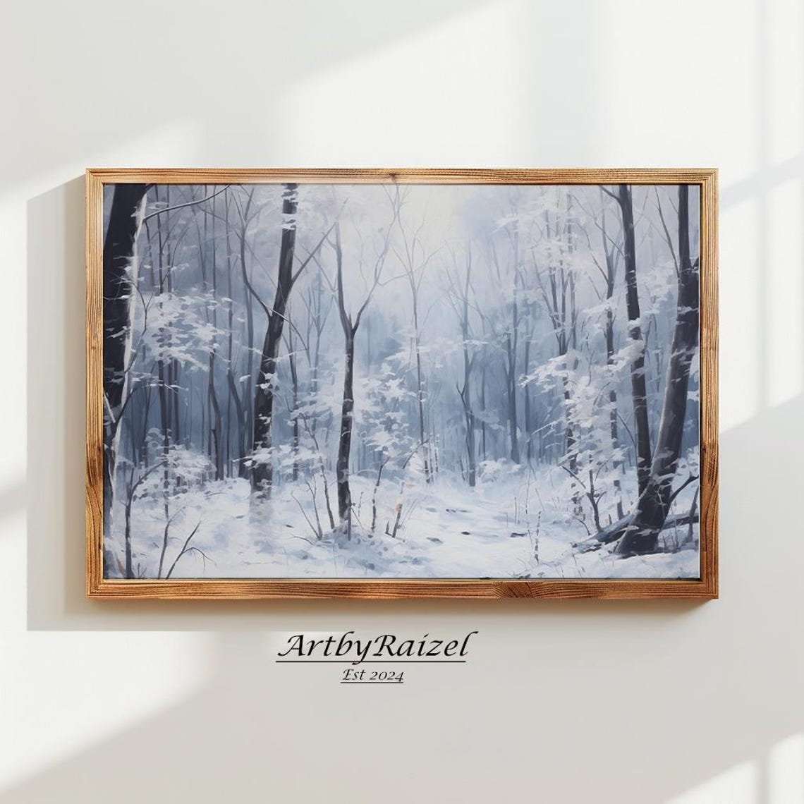 Snowy Birch Forest Misty Blue Winter Woods Painting Art Poster