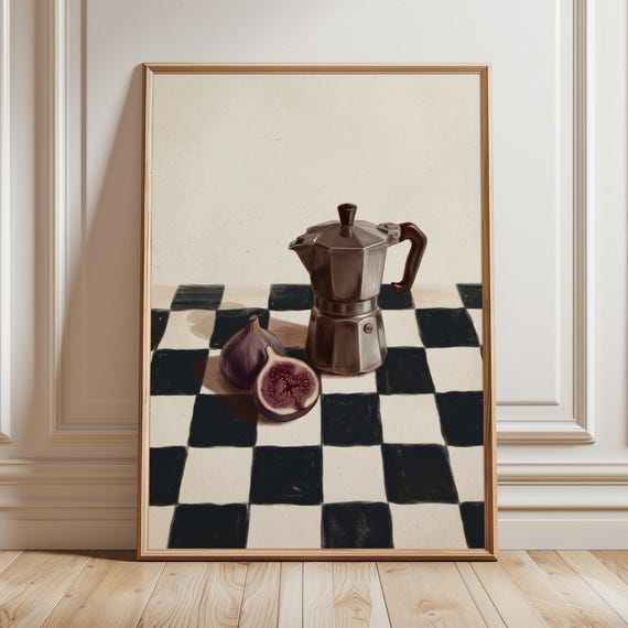 Vintage Still Life Art Print Moka Pot Figs Dark Kitchen Wall Decor Moody Italian Caf Painting Rustic Coffee Poster Digital Download