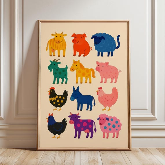 Colorful Farm Animals Pop Art Print Kitch Pattern Dopamine Nursery Wall Decor Funky Cow Pig Chicken Poster Kids Playroom Illustration