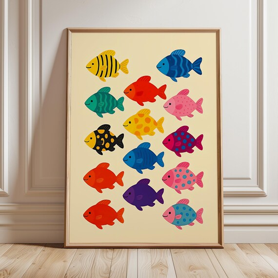 Thirteen Colorful Cartoon Fish Under The Sea Nursery Ocean Poster