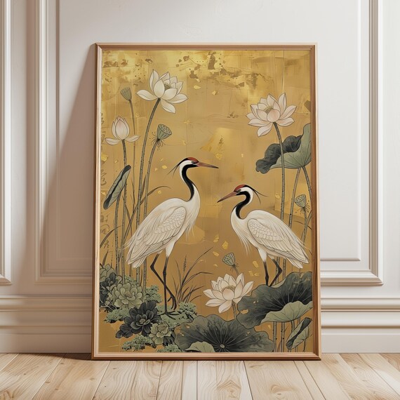 Japanese Heron Art Print Japandi Bird Paint Golden Lotus Flower Artwork Zen Nature Poster Gold Leaf Style Wall Decor Digital Download
