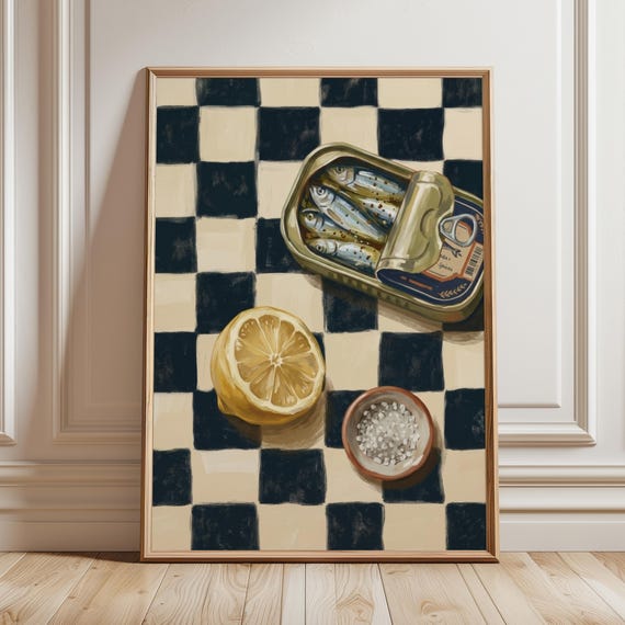 Sardine Tin Art Print Coastal Mediterranean Kitchen Wall Decor Retro Fish Still Life Poster European Bistro Food Gift Digital Download