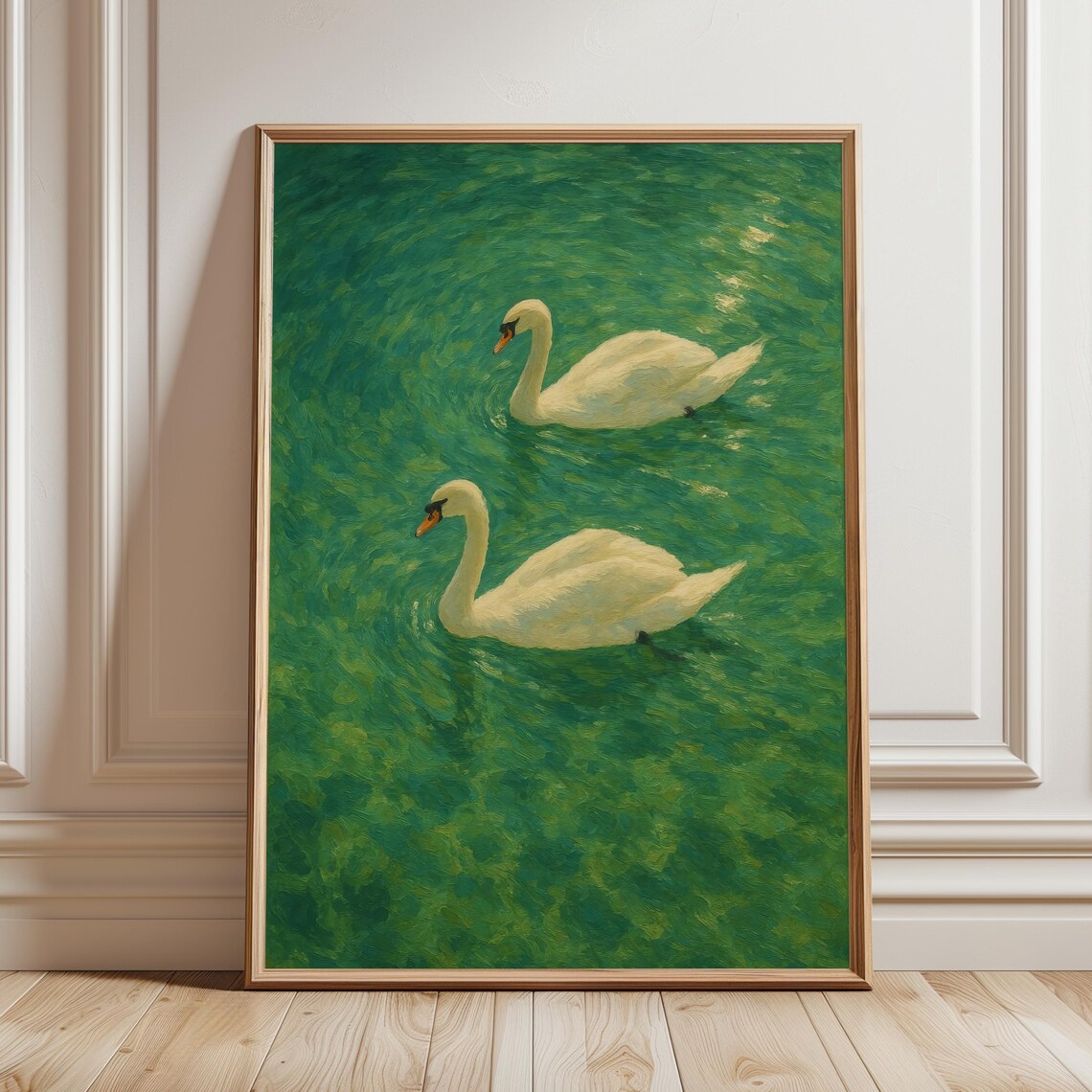 Swans Swimming Calm Nature Vintage Coastal Art Print