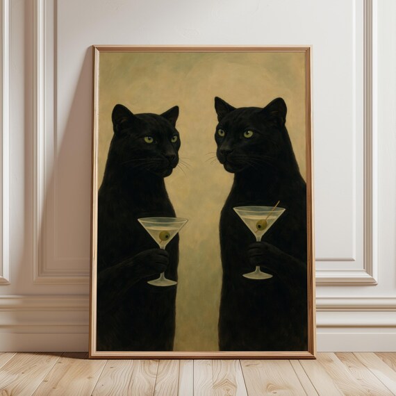 Moody Black Panthers Martini Glass Art Print Whimsical Gothic Wild Animal Illustration Poster Dark Bar Cart Decor Digital Download