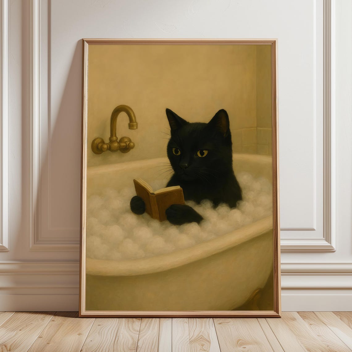 Black Cat Reading In Bathtub Bubbles Warm Vintage Bathroom Cat Poster