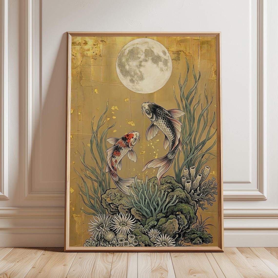 Japandi Koi Fish Art Print, Japanese Moonlit Pond Zen