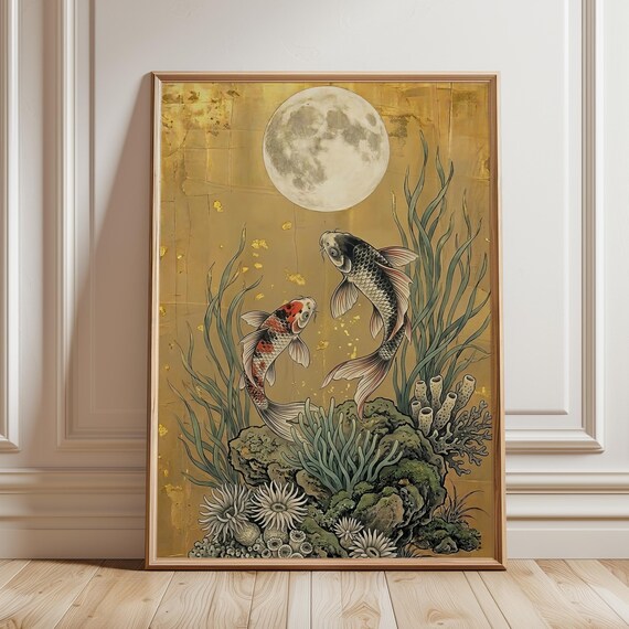 Japandi Koi Fish Art Print, Japanese Moonlit Pond Zen