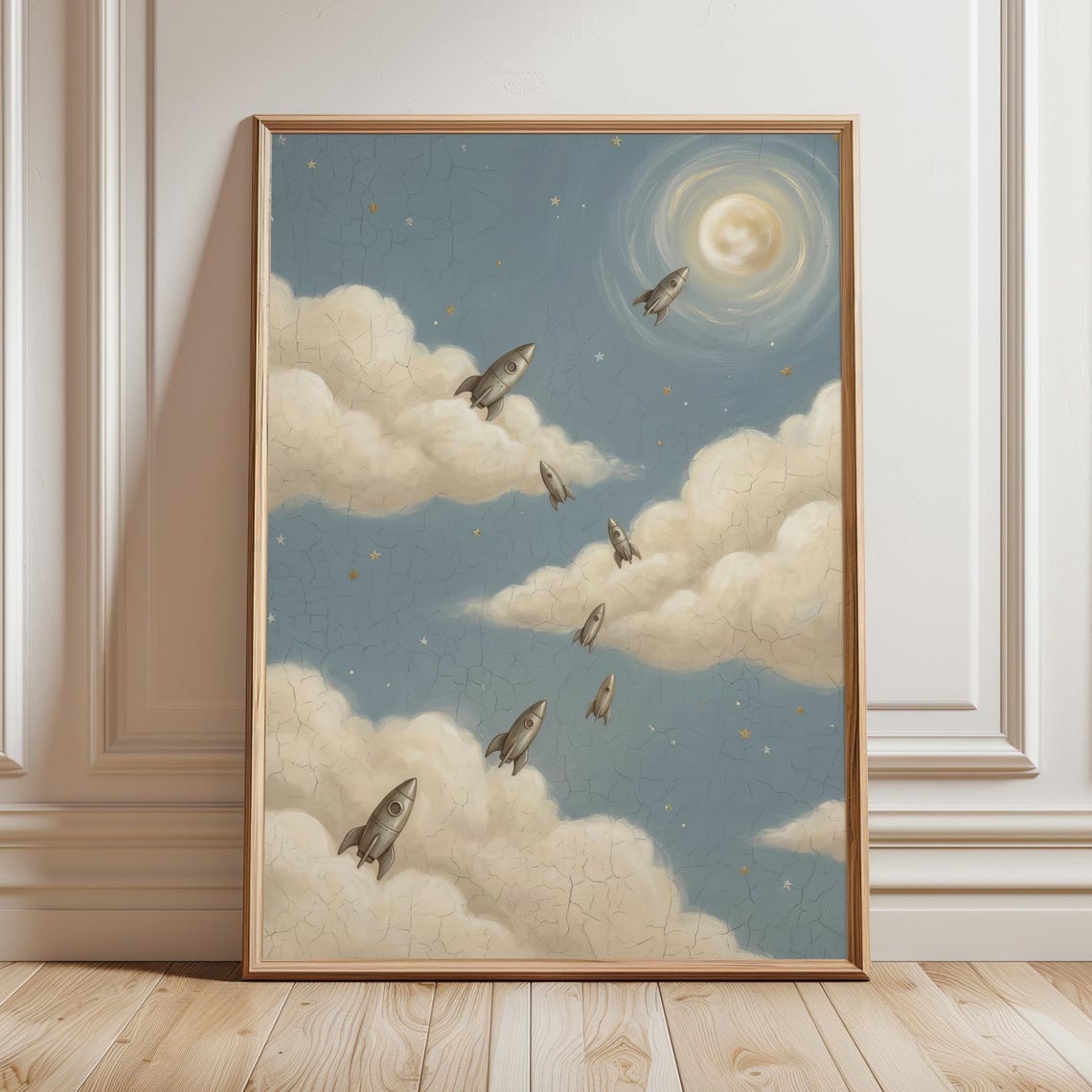 Vintage Rockets Flying To Moon Clouds Nursery Space Art Poster