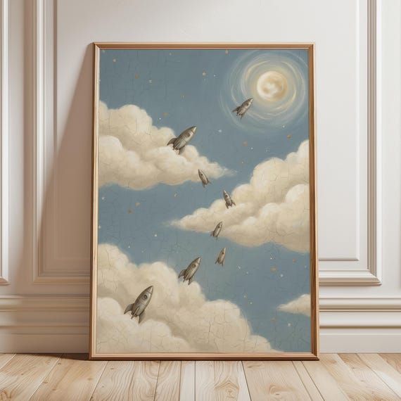 Vintage Space Rocket Nursery Wall Art Celestial Baby Boy Room Decor Dreamy Blue Sky Clouds Print Retro Scandinavian Kids Poster