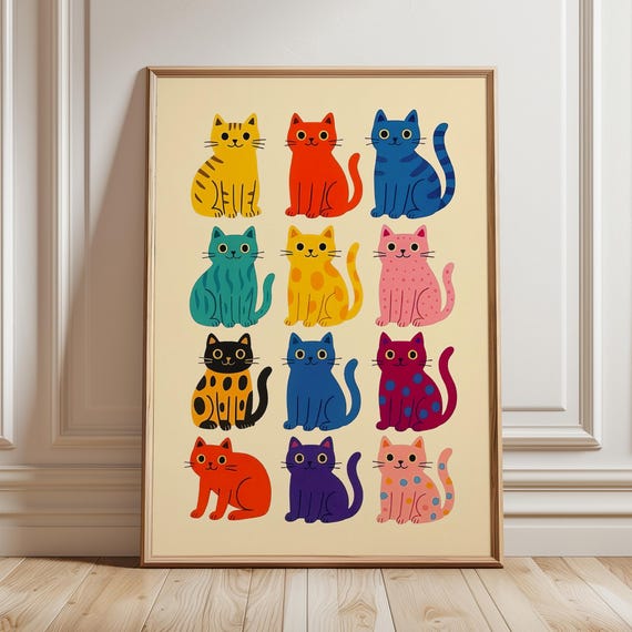 Colorful Cat Wall Art Whimsical Babyshower Pet Illustration Kitten Print For Kids Room Playful Animal Pattern Poster Baby Nursery Decor