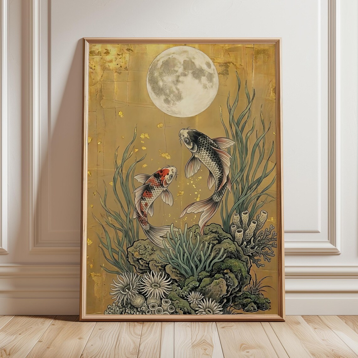 Moonlit Koi Fish Pair Gold Leaf Asian Traditional Ocean Art Poster