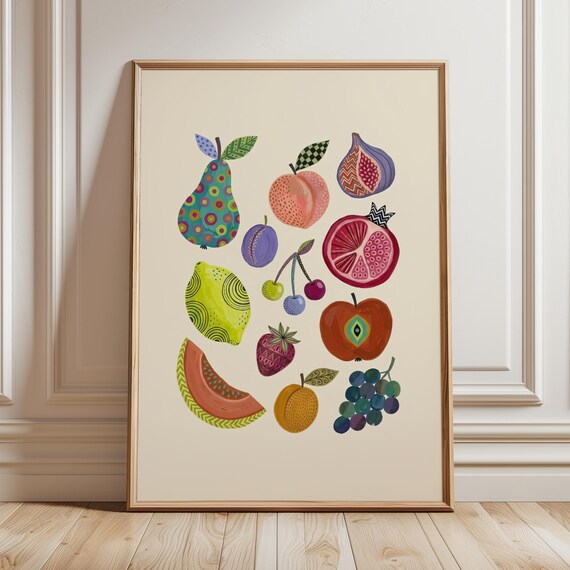 Colourful Patterned Fruit Illustration Maximalist Kitchen Poster