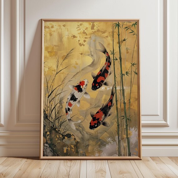 Lucky Koi Fish Art Print Gold Leaf Asian Traditional Japanese Zen Wall Decor Foil Style Oriental Poater Luxury Elegant Japandi Paint