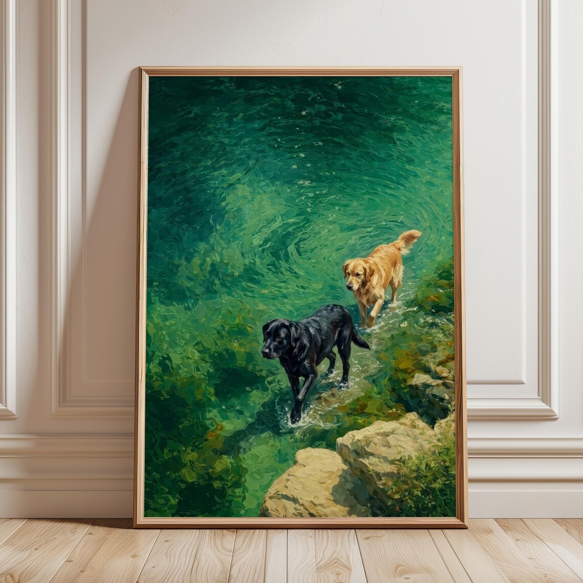 Labrador Dogs Swimming Poster Golden Black Retriever Lake Water Art