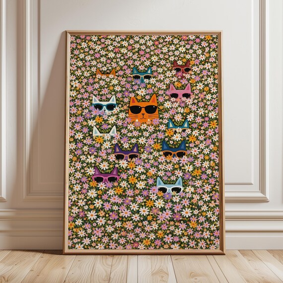 Colorful Cat Flower Field Poster, Maximalist Kids Decor