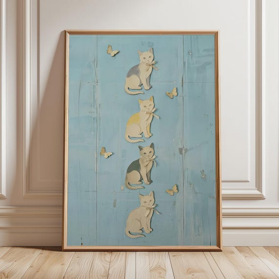 Vintage Cat Art Print Grandmillennial Blue Decor Cottagecore Printable Bow Girl Poster Shabby Chic Animal Digital Download