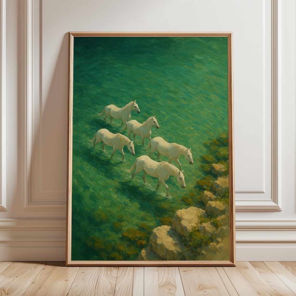 Swimming Horses Vintage Coastal Abstract Oil Painting
