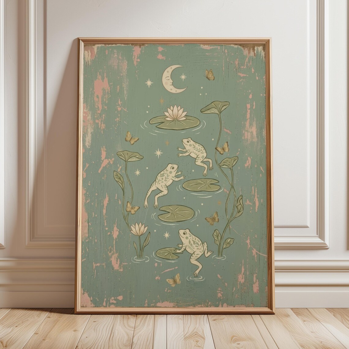 Celestial Frog Moon Lily Pad Whimsical Nursery Kids Art Poster