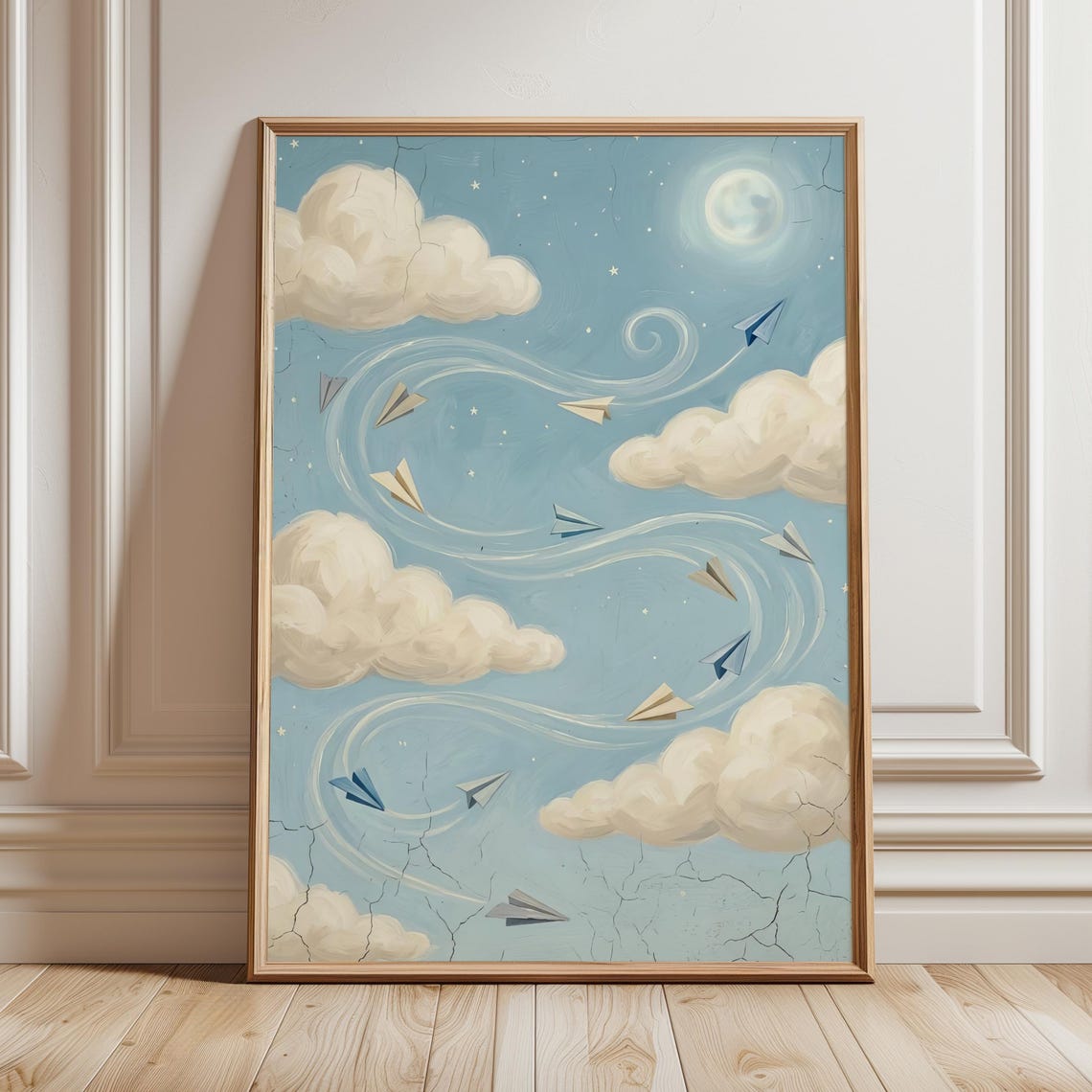 Vintage Paper Airplanes Flying Clouds Moon Nursery Dream Poster