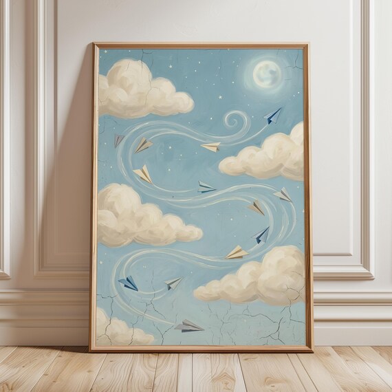 Whimsical Paper Airplane Print Vintage Storybook Nursery Wall Art Soft Blue Clouds Moon Poster Cottagecore Distressed Kids Playroom Decor
