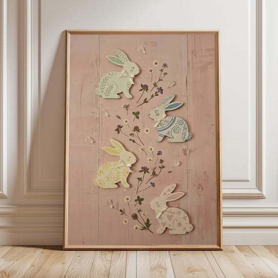Vintage Bunny Folk Art Print, Cottagecore Rabbit