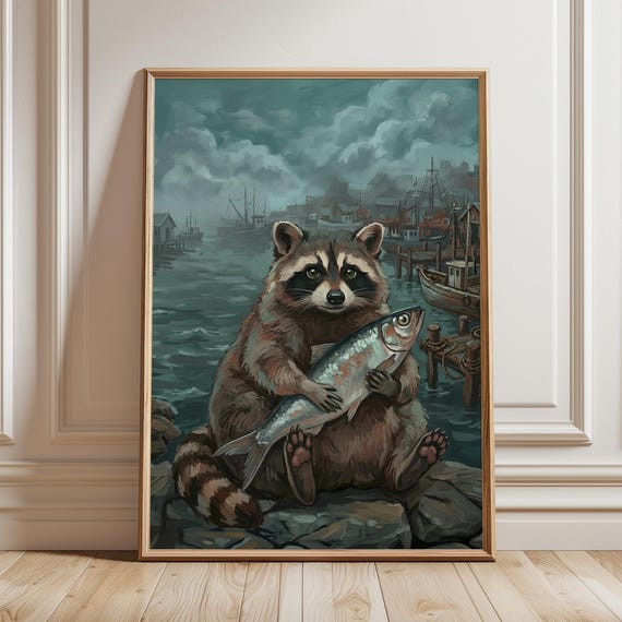 Whimsical Raccoon Fisherman Print Moody Coastal Animal Art Vintage Harbor Painting Funny Cottagecore Nursery Decor Nautical Cabin Poster