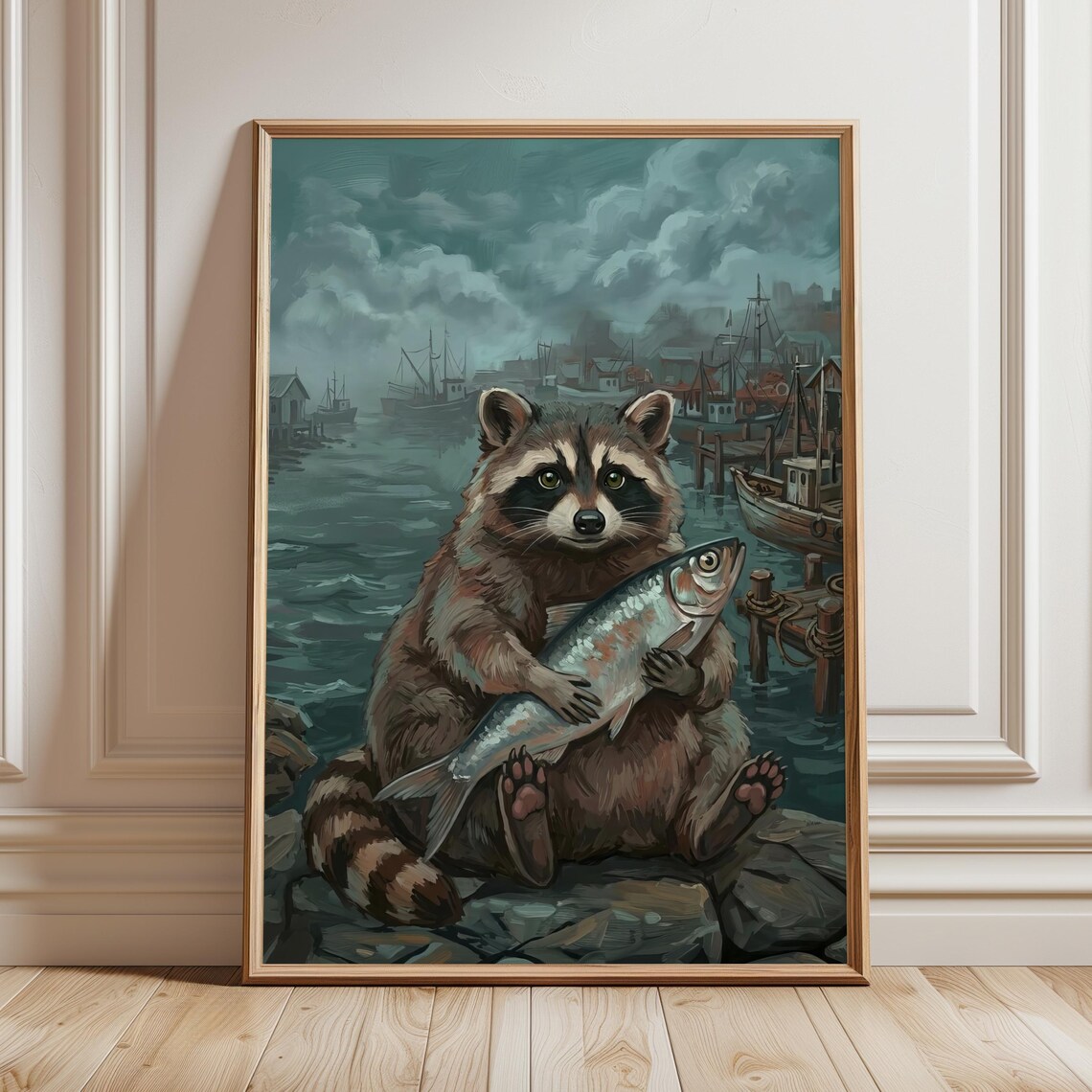 Raccoon Holding Fish at Moody Harbor Fishing Boats Art Poster