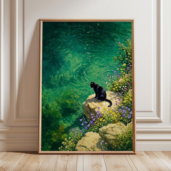 Black Cat Vintage Coastal Painting Art Print
