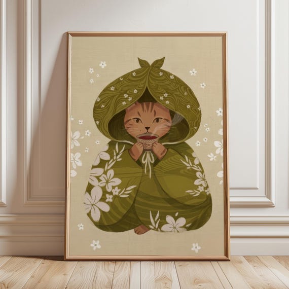 Cozy Matcha Cat Wall Art Print Japandi Kitchen Decor Cottagecore Green Tea Lover Gift Vintage Japanese Animal Poster Digital Download