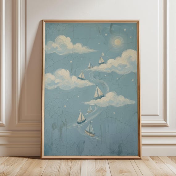 Vintage Sailboat Nursery Print Whimsical Dreamy Sky Sailing Artwork Distressed Folk Art Mural Storybook Nautical Pastel Cloud Baby Decor