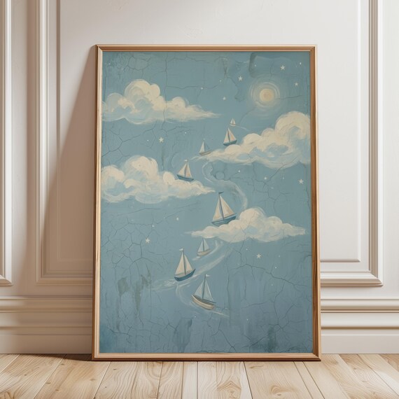 Vintage Sailboats Dreamy Sky Whimsical Cloud Nursery Art Poster
