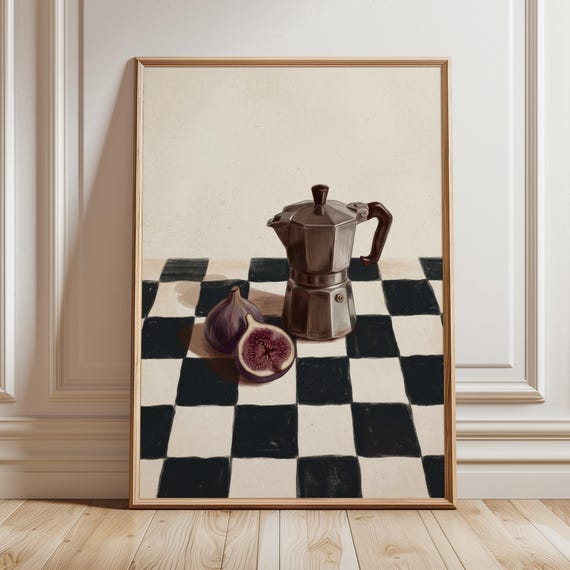Moka Pot And Figs Still Life Art Print Vintage Italian Espresso Coffee Painting Dark Academia Caf Poster Checkerboard Moody Kitchen Decor